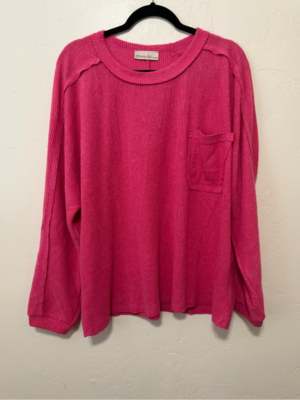 Zenana Ribbed Hacci Crewneck in Bright Pink - 3X